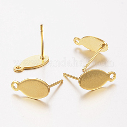 304 Stainless Steel Stud Earring Findings, with Loop and Flat Plate, Oval, Real 24K Gold Plated, 12.5x6x0.8mm, Hole: 1.2mm, Pin: 0.8mm