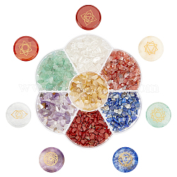 Perles de pierres précieuses mixtes naturelles et synthétiques sur le thème du chakra, pas de trous / non percés, avec boîte en forme de fleur, chips et rond plat, 25~25.5x5~5.5mm