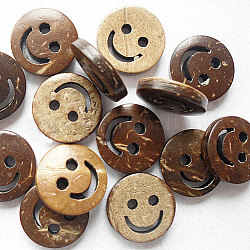 Lovely Face Carved 2-hole Button, Coconut Button, Wheat, about 13mm in diameter