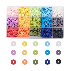 15 couleurs de perles d'argile polymère faites à la main écologiques, pour les fournitures de bricolage bijoux artisanat, disque / plat rond, perles heishi, couleur mixte, 8x0.5~1mm, Trou: 2mm, 15 couleurs, à propos 133~140pcs / couleur, 1995~2100 pcs / boîte