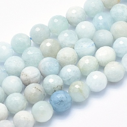 Natural Aquamarine Beads Strands, Grade AB, Faceted, Round, 9mm, Hole: 1mm, about 46pcs/strand, 15.7 inch