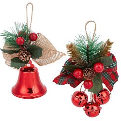 Gorgecraft 2Pcs 2 Styles Christmas Bell Pendant Decorations, with Jute Rope, for Christmas Tree Hanging Decoration Bow Bell, Red, 160~165x103~120x33~37mm, 1pc/style
