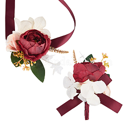 Craspire 2 Stück 2-Stil-Seidenstoff-Rosen mit Satinband-Ansteckblume, Boutonniere und Handgelenk-Anstecknadeln, für die Hochzeit, Partydekorationen, dunkelrot, 125~775x120x44 mm, 1pc / style