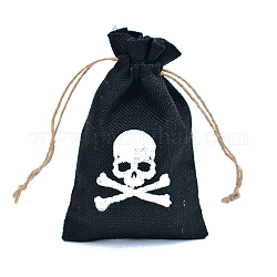 Pochettes d'emballage en toile de jute d'halloween, sacs à cordonnet, rectangle avec motif de crâne, noir, 15x10 cm