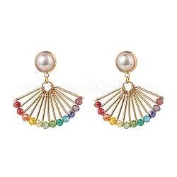 Perle di vetro a forma di ventaglio orecchini pendenti per donna ragazza, orecchini di perle di plastica abs, oro, colorato, 42mm, ago :0.7mm