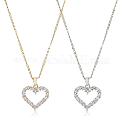ANATTASOUL 2Pcs 2 Colors Rhinestone Hollow Heart Pendant Necklace with Brass Chains for Women, Platinum & Golden, 20.63 inch(52.4cm), 1Pc/color