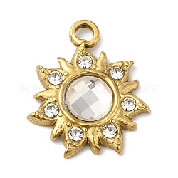 Real 18K Gold Plated 304 Stainless Steel Pendants, with Glass, Sun Charms, Clear, 24.5x20.5x5~6mm, Hole: 2.5mm