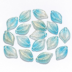 Two Tone Transparent Spray Painted Glass Pendants, with Glitter Powder, Leaf, Turquoise, 22.5x14.5x3.5mm, Hole: 1.2mm
