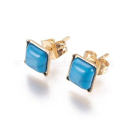 Accessoires de puces d'oreilles en 304 acier inoxydable doré, avec du plastique imitation turquoise, carrée, bleu, 6.5x6.5x2.5 mm, broches: 0.7 mm