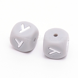 Perle di silicone, cubo con letter.y, grigio, 12x12x12mm, Foro: 2 mm
