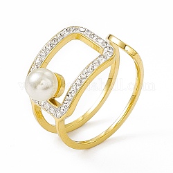 Ion Plating(IP) 304 Stainless Steel Cubic Zirconia Cuff Ring for Women, ABS Plastic Imitation Pearl Wide Band Open Rings, Real 14K Gold Plated, 8mm, Inner Diameter: US Size 7 1/2(17.7mm)