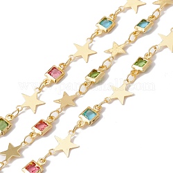 Handmade Eco-friendly Brass Square & Star Link Chain, with Glass Beaded, Real 18K Gold Plated, Lead Free & Cadmium Free, Soldered, with Spool, Colorful, 9.5x5x2mm, 10x7x0.2mm