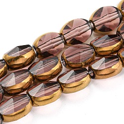 Placcare trasparente perle di vetro fili, con bordo dorato, sfaccettato ovale, marrone rosato, 8~9x6.5x5mm, Foro: 1.2 mm, circa 37pcs/filo, 23.78 pollice (60.4 cm)