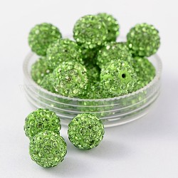 Perles de boule pavé disco , Perles de strass en argile polymère, Grade a, ronde, péridot, pp14 (2~2.1mm), 10mm, Trou: 1.0~1.2mm