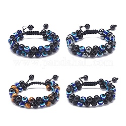 4 stücke 4 stil natürliche augenlose obsidian & gemischte edelstein & harz geflochtene perlenarmbänder set, Doppelschichtige verstellbare Glücksarmbänder für Männer und Frauen, Innendurchmesser: 2-1/4~3 Zoll (5.6~7.5 cm), 1pc / style