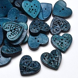 Сердце кокосовые 2 отверстия кнопки швейные, окрашенные, королевский синий, 20~21x22~23x4~6 мм, отверстие : 1 мм