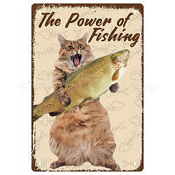 Creatcabin Cat Targa in metallo Power Fishing Metal Vintage Retro Art Mural Hanging Iron Painting Poster Plate Fish Funny Animals Family Wall Decorations for Living Room Kitchen Cafe Gift 8 x 12 Inch