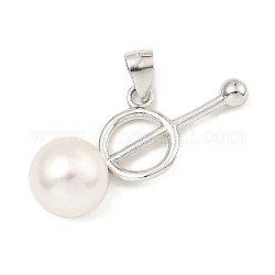 Rhodium Plated 925 Sterling Silver Pendants, with Natural Pearl Beads, Ring Charms, with S925 Stamp, Real Platinum Plated, 19.5x24x8.5mm, Hole: 5x3.5mm