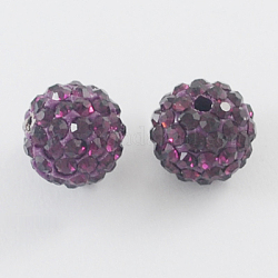 Perles de boule pavé disco , Perles de strass en argile polymère, ronde, améthyste, 10mm, Trou: 1.5mm