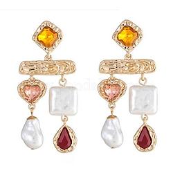 Boucles d'oreilles imitant perles et verre coeur et lustre en forme de larme, bijoux en alliage d'or, or, 65x28mm, pin: 0.65 mm