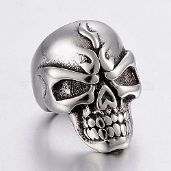 304 Stainless Steel Beads, Large Hole Beads, Skull Head, Antique Silver, 14x10x12.5mm, Hole: 8mm