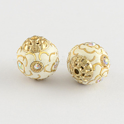 Round Handmade Grade A Rhinestone Indonesia Beads, with Alloy Golden Metal Color Cores, Creamy White, 14x14x13mm, Hole: 1.5mm