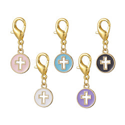 Alloy Enamel Pendant Decoration, with Zinc Alloy Lobster Claw Clasps, Flat Round with Cross, Mixed Color, 32mm, flat round: 15x12x1.5mm