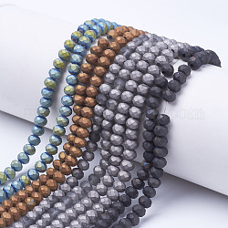 Placcare trasparente perle di vetro fili, pieno placcato, sfaccettato, matte, rondelle, colore misto, 6x5mm, Foro: 1 mm, circa 85~88pcs/filo, 16.1~16.5 pollice (41~42 cm)