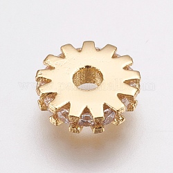 Entretoises de perles en laiton avec zircone cubique de micro pave, plat rond / engrenage, clair, or, 8x2mm, Trou: 2mm
