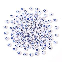Perles acryliques opaques blanches, plat rond avec coeur & fleur & lune & étoile, bleu, 7x4mm, Trou: 1.6mm, 200 pièces / kit