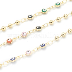 Golden Brass Enamel Link Chain, Long-Lasting Plated, with Spool, Soldered, Evil Eye, Colorful, 9x4x2.5mm, 32.8 Feet(10m)/roll