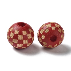 Perles tartan gravées au laser en bois, ronde, teinte, pour bricolage, rouge foncé, 15.5~16x14.5mm, Trou: 4.5mm