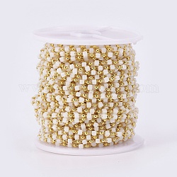 Chaînes de perles en verre manuels, soudé, avec les accessoires en laiton, avec bobine, Plaqué longue durée, or, cube, blanc, 2.3~2.8x2.3~2.8x2.3~2.8mm, 2mm, environ 32.8 pied (10 m)/rouleau