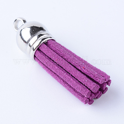 Décorations de pendentif pompon en daim, avec embouts de cordon en plastique ccb, platine, violet, 35~37x10mm, Trou: 1.8mm