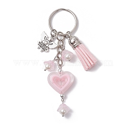 Porte-clés acrylique coeur, avec pompon en faux suède, pendentifs en alliage d'ange et porte-clés fendus en fer, rose brumeuse, 9.8 cm, pendentifs: 15~47x10~23x6 mm