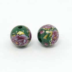 Flower Printed Opaque Acrylic Round Beads, Green, 10mm, Hole: 1mm