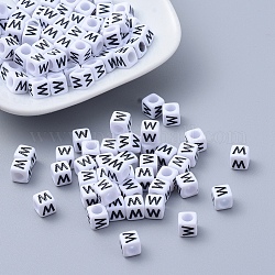 Lettre w lettre blanche acrylique cube perles, trou horizontal, taille:  Largeur environ 6mm, Longueur 6mm, hauteur de 6 mm , Trou: 3.2mm, environ 300 pcs/50 g