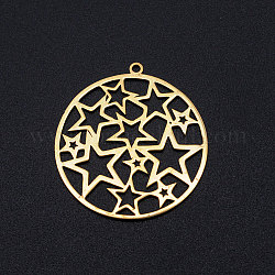 201 Stainless Steel Filigree Charms, Flat Round with Star, Golden, 32x30x1mm, Hole: 1.6mm