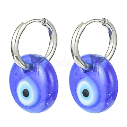 Boucles d'oreilles cerceaux pendantes au chalumeau bleu mauvais œil, 304 bijoux en acier inoxydable, couleur inoxydable, 24x15mm