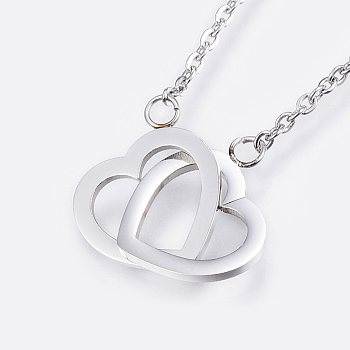 304 Stainless Steel Pendant Necklaces, Heart to Heart, with Lobster Clasps, Stainless Steel Color, 16.93 inch(43cm)