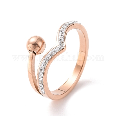 Crystal Rhinestone Wave with Round Ball Finger Ring, Ion Plating(IP) 304  Stainless Steel Jewelry for Women, Rose Gold, US Size 7 1/4(17.5mm)