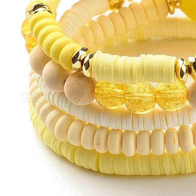 Wood & Stone & Polymer Clay Heishi Beads Stretch Bracelets Sets, Power  Stackable Bracelets with Sunflower Charm for Women, Yellow, Inner Diameter:  2