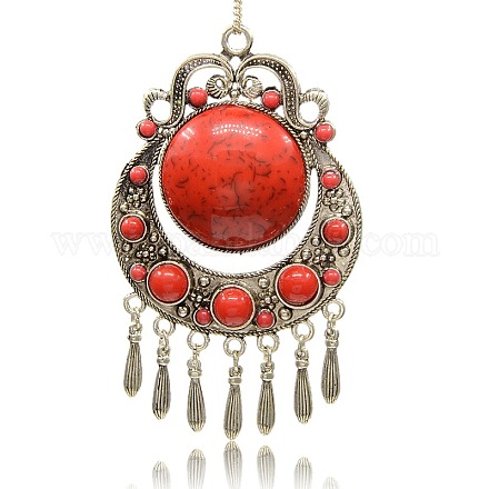 Antique Silver Plated Alloy Necklace Big Pendants with Synthetic Turquoise Flat Round Cabochons PALLOY-J231-01AS-1