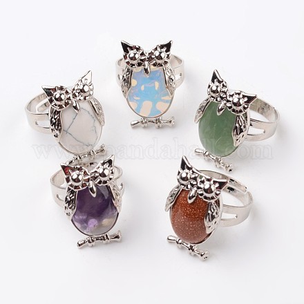 Owl Brass Natural & Synthetic Mixed Stone Finger Rings RJEW-L074-M-1