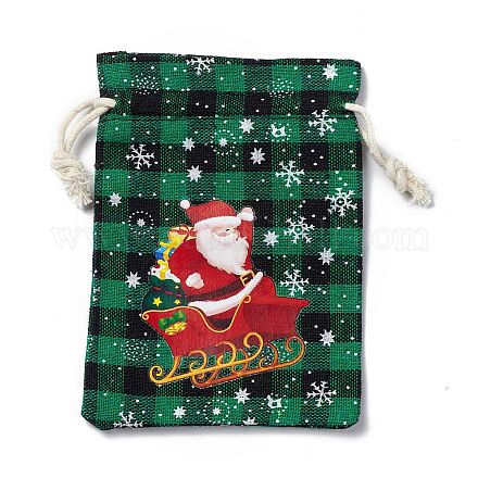 クリスマステーマの長方形ジュートバッグ、ジュートコード付き  タータンチェック巾着ポーチ  ギフト包装用  グリーン  サンタクロース  13.8~14x9.7~10.3x0.07~0.4cm ABAG-E006-01B-1
