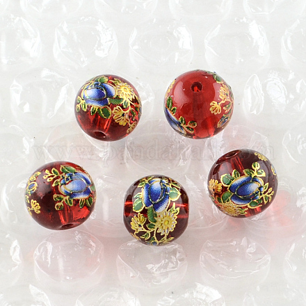Rose Flower Pattern Printed Round Glass Beads GFB-R004-12mm-R05-1