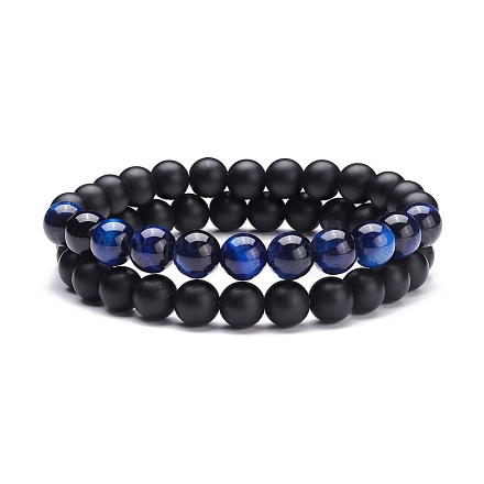 Round Stone Beads Stretch Bracelets Set BJEW-JB07257-03-1