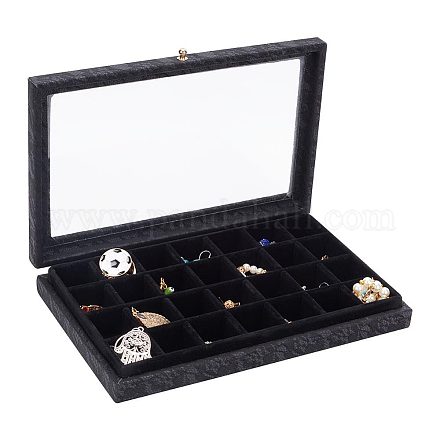 DELORIGIN Velvet Jewelry Box 28 Grid Jewelry Ring Display Organiser Box Tray Holder with Clear Lid Storage Stackable Drawer Insert Box for Women Earrings Rings Necklaces Bracelet 9.65x6.14x1.3inch MRMJ-WH0077-086-1