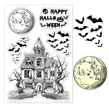GLOBLELAND Halloween Clear Stamps Horror House Bat Pumpkin Tree Moon Silicone Clear Stamp Seals for Cards Making DIY Scrapbooking Photo Journal Album Decoration DIY-WH0167-56-892-1