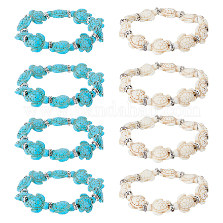 Dicosmetic 8pcs 2 colori tinti braccialetti elastici con perline di tartaruga turchese sintetica per donna BJEW-DC0001-04-1
